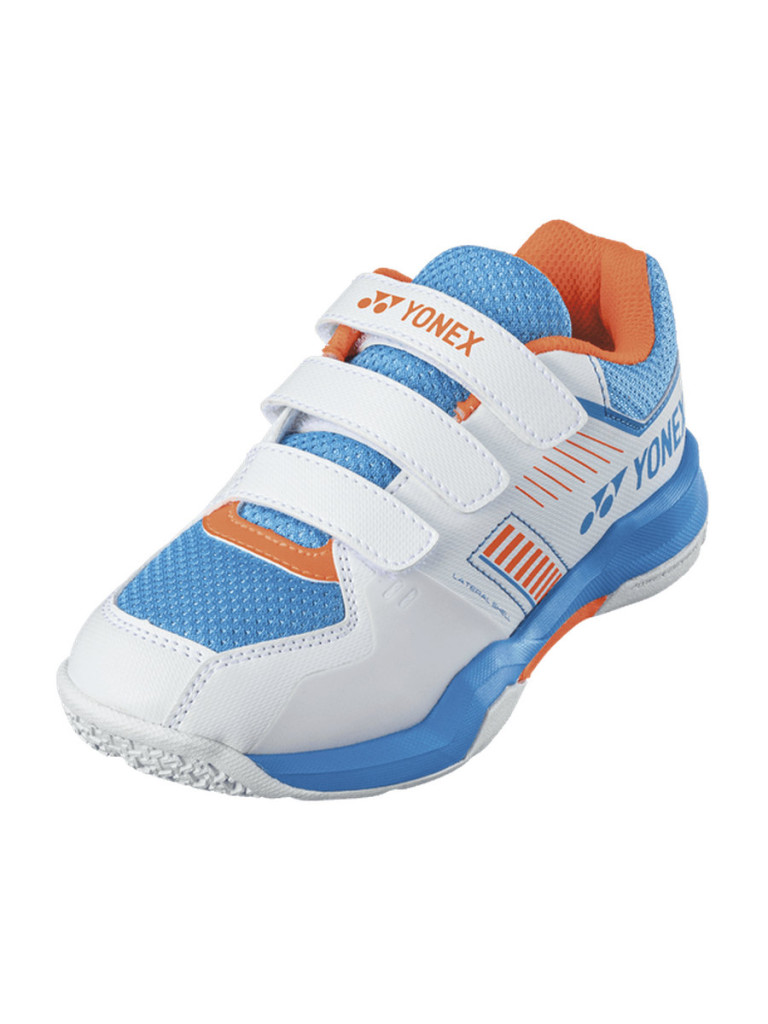 Детски обувки за тенис и бадминтон Yonex Power Cushion Strider Flow Junior Belt - White/Sky Blue