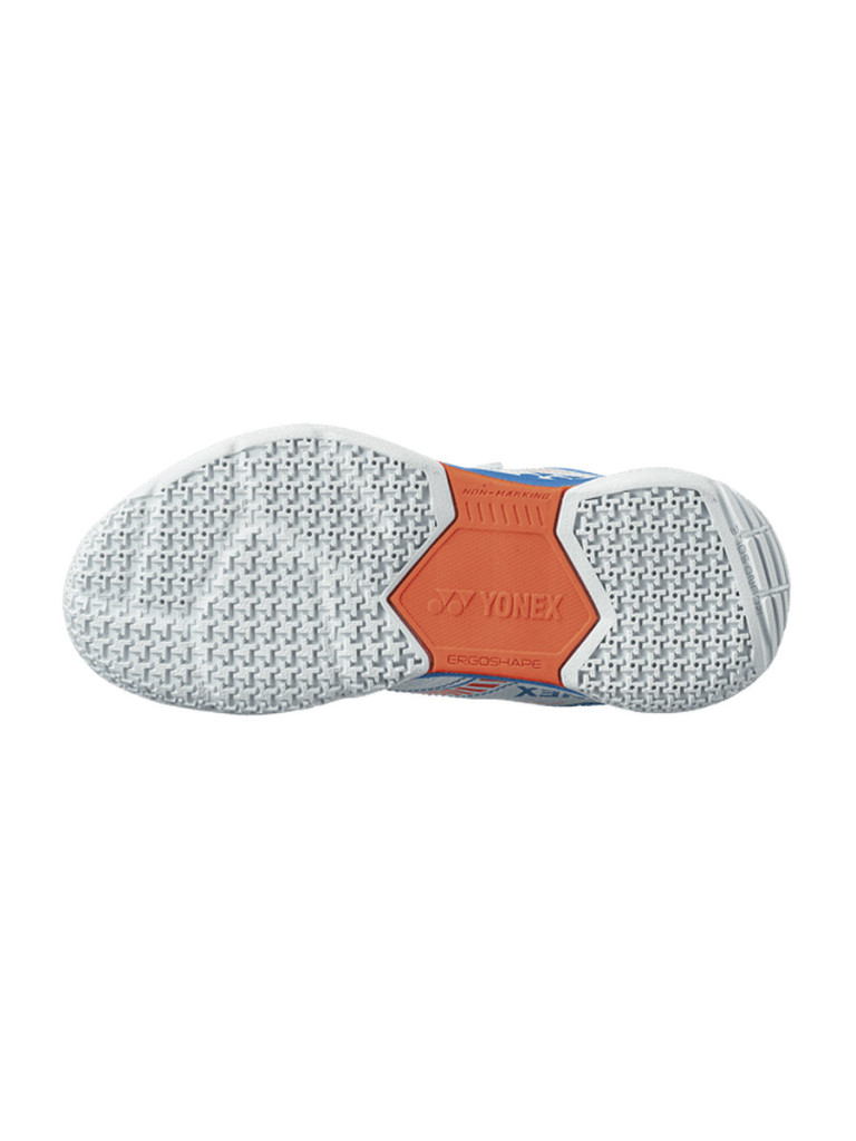 Детски обувки за тенис и бадминтон Yonex Power Cushion Strider Flow Junior Belt - White/Sky Blue