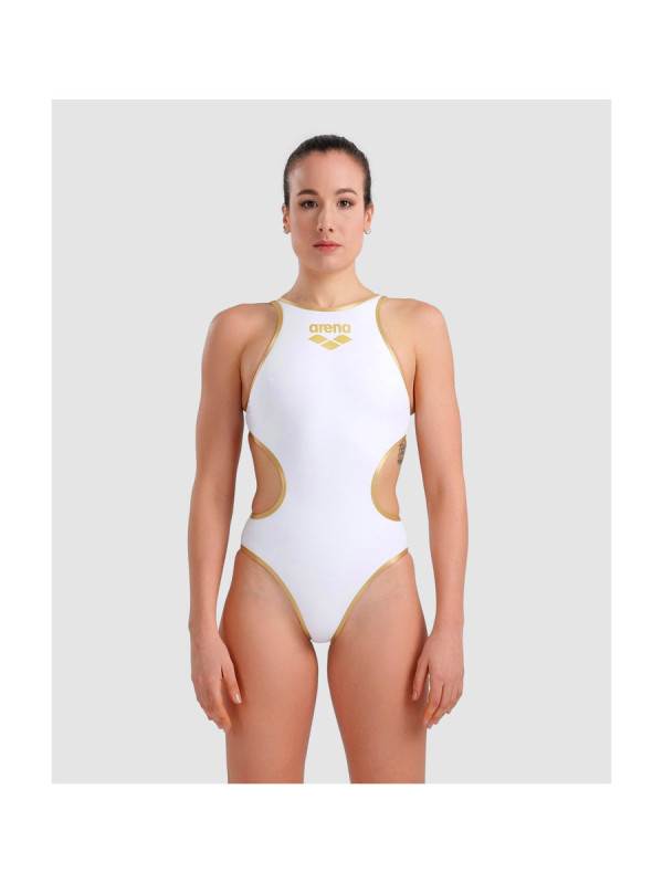 Дамски цял бански Arena One Biglogo - White-Gold